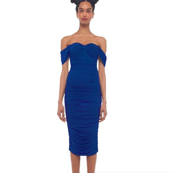 Norma Kamali Walter Dress Below the Knee Winglet Sleeves Blue Womens Size Small